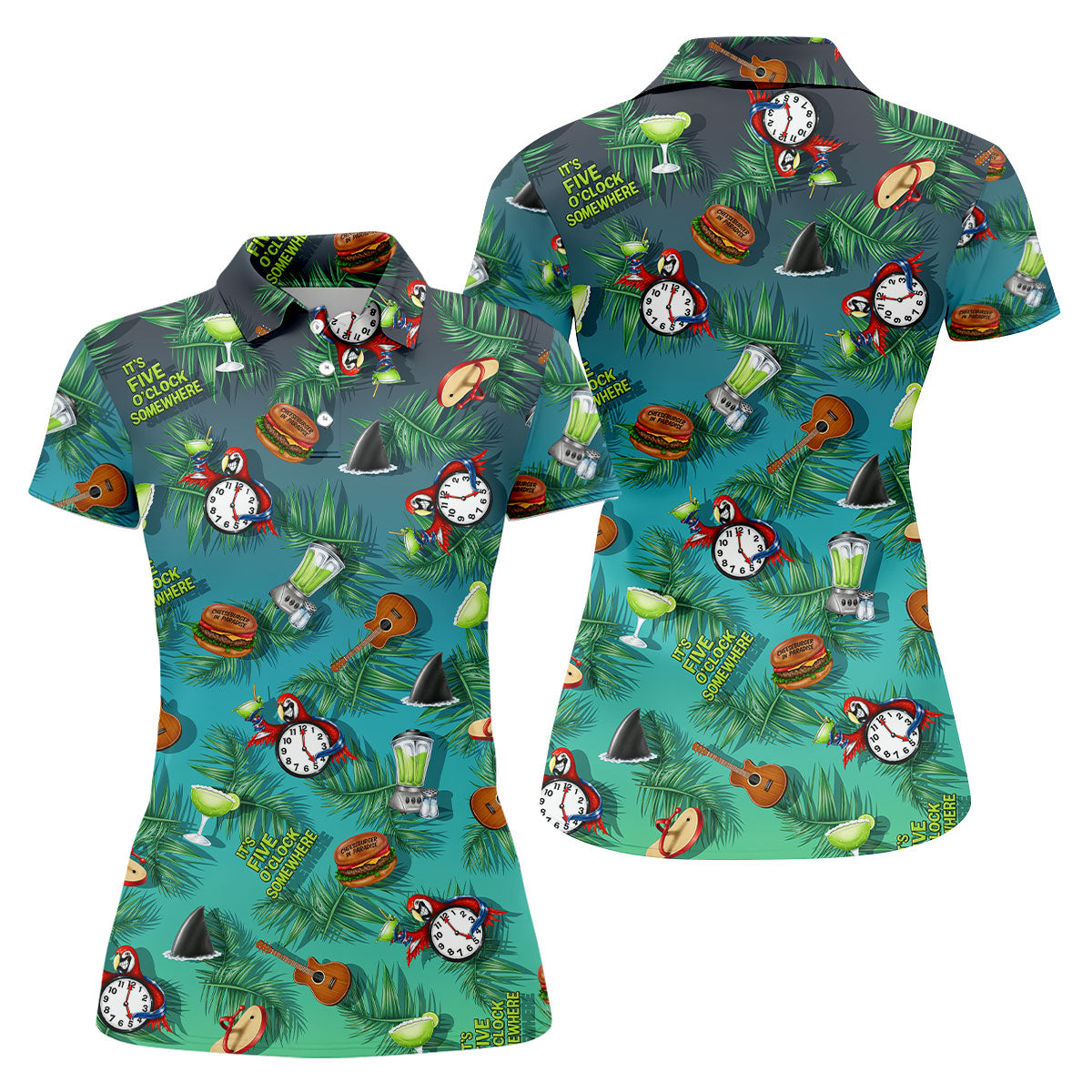 Teal Tropical Cocktail Parrot Pattern Golf Polo Shirt, Golf Shirts For Women, Women's Golf Polo