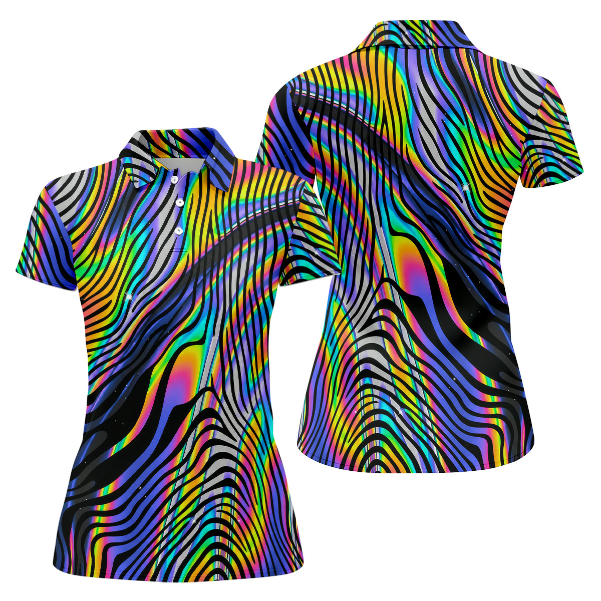 Rainbow Neon LGBT Support Zebra Pattern Ladies Golf Tops, Pride Month Golf Shirt For Women