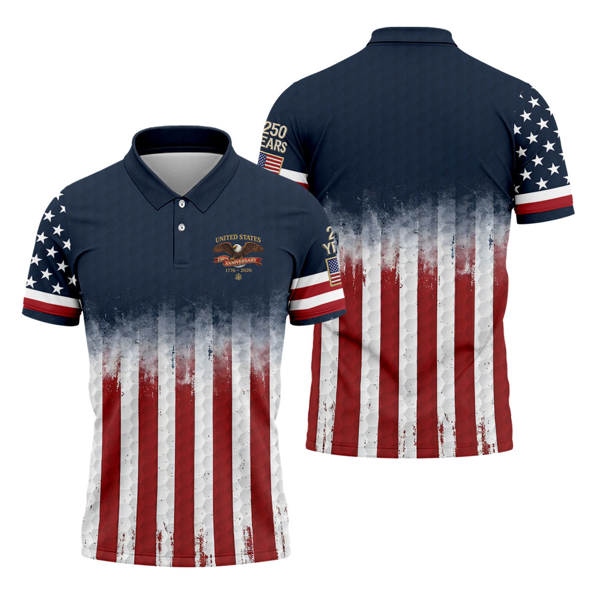 United States 250th Anniversary Distressed Flag Golf Tops For Men, Golf Ball Pattern Golf Shirts For Men
