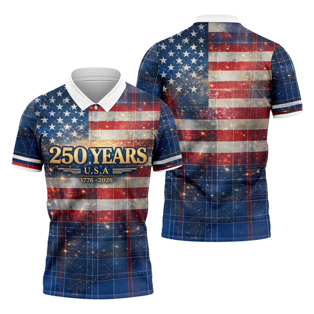 250 Years USA Galaxy Overlay Checkered Patriotic Golf Shirt, 4th Of July Golf Shirts For Men