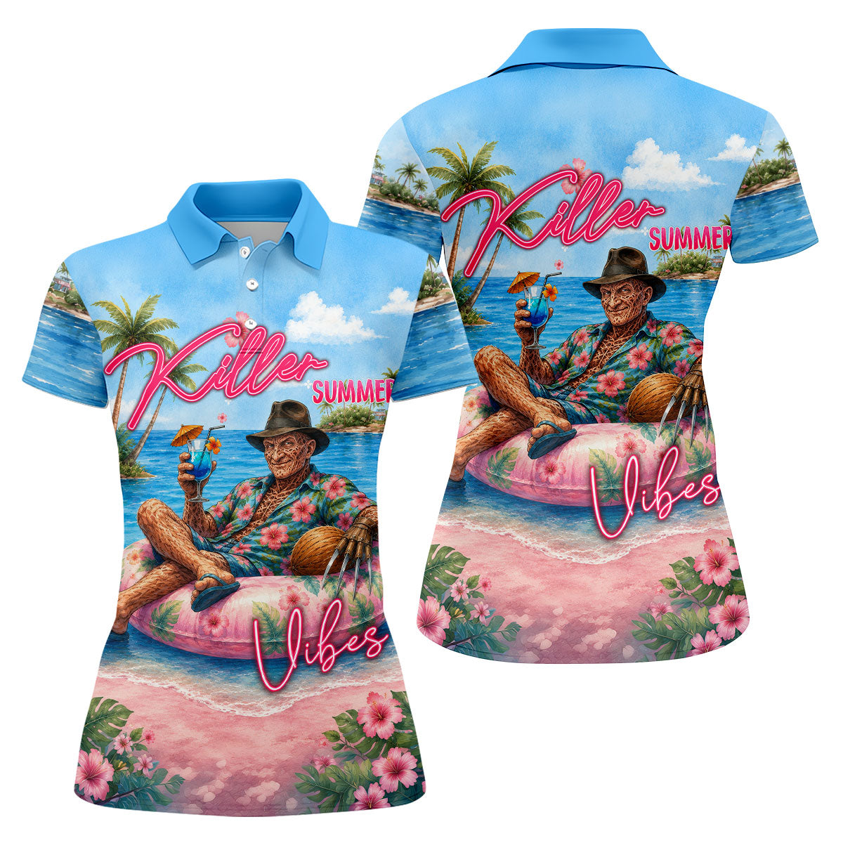 Killer Summer Vibes Burned Slasher Golf Polo Shirt, Women's Golf Polo, Ladies Golf Tops