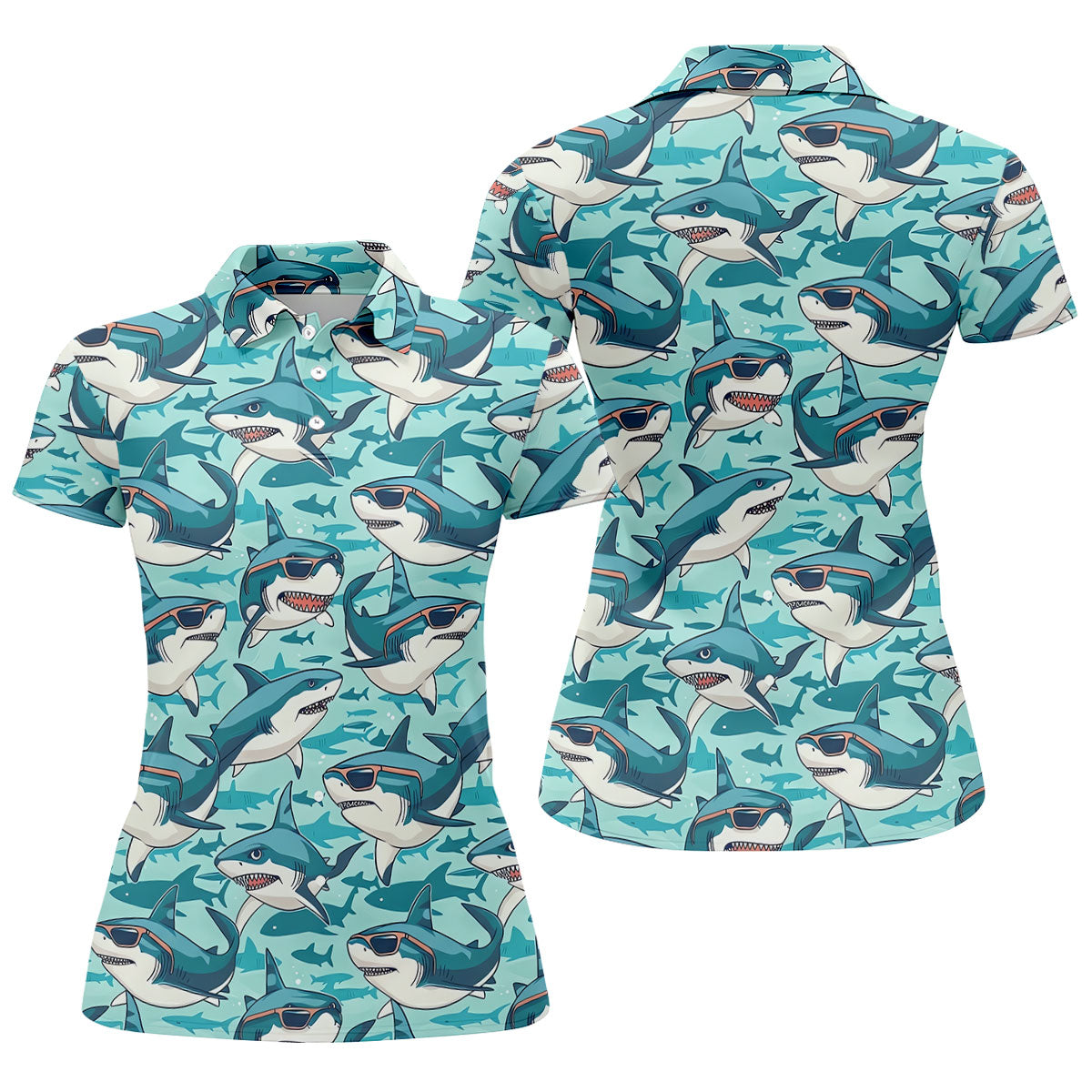 Animated Shark Hawaiian Golf Shirt, Fun Women's Golf Shirts, Ladies Golf Shirts
