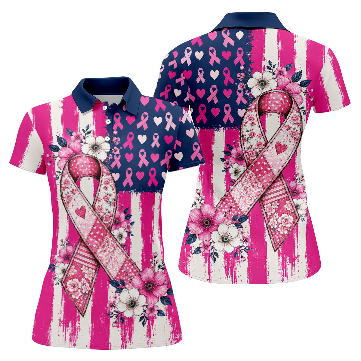 American Flag Pink Breast Cancer Awareness Golf Polo Shirt, Womens Golf Polo, Golf Shirts For Women