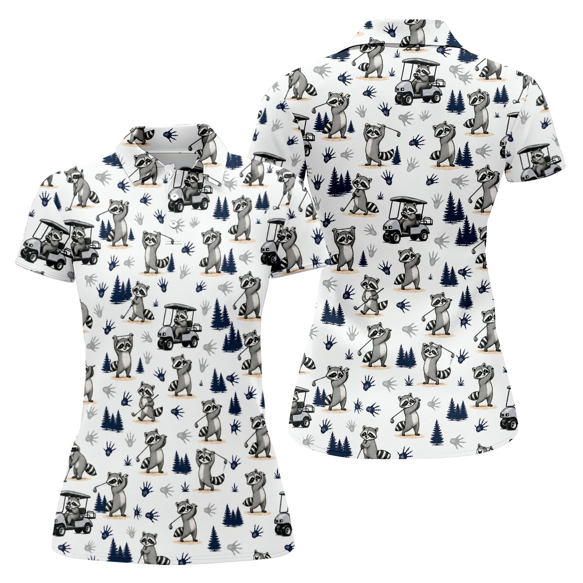 Funny Raccoon Golf Cart Pattern Polo Shirt, Ladies Golf Shirt, Women's Golf Apparel