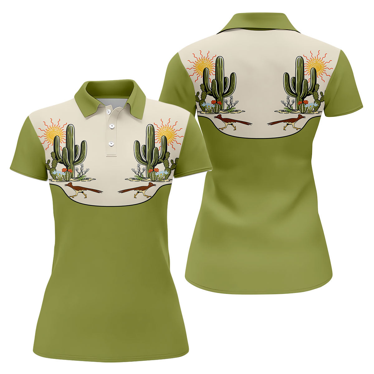 Desert Cactus Roadrunner Golf Polo Shirt, Ladies Golf Tops, Women's Golf Apparel
