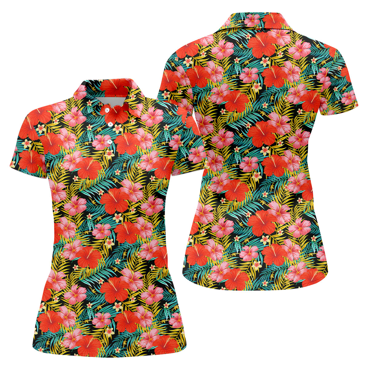 Red Hibicus Gold Palm Leaf Hawaiian Golf Shirt, Summer Theme Golf Shirt For Women