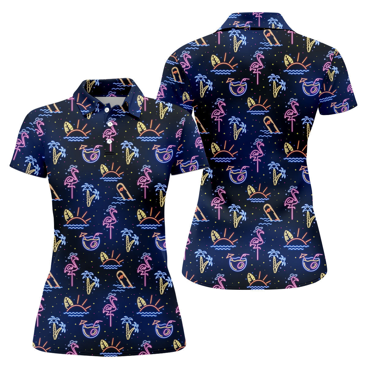 Neon Tropical Flamingo Sunset Cocktail Night Golf Polo, Hawaiian Golf Shirt, Ladies Golf Shirt