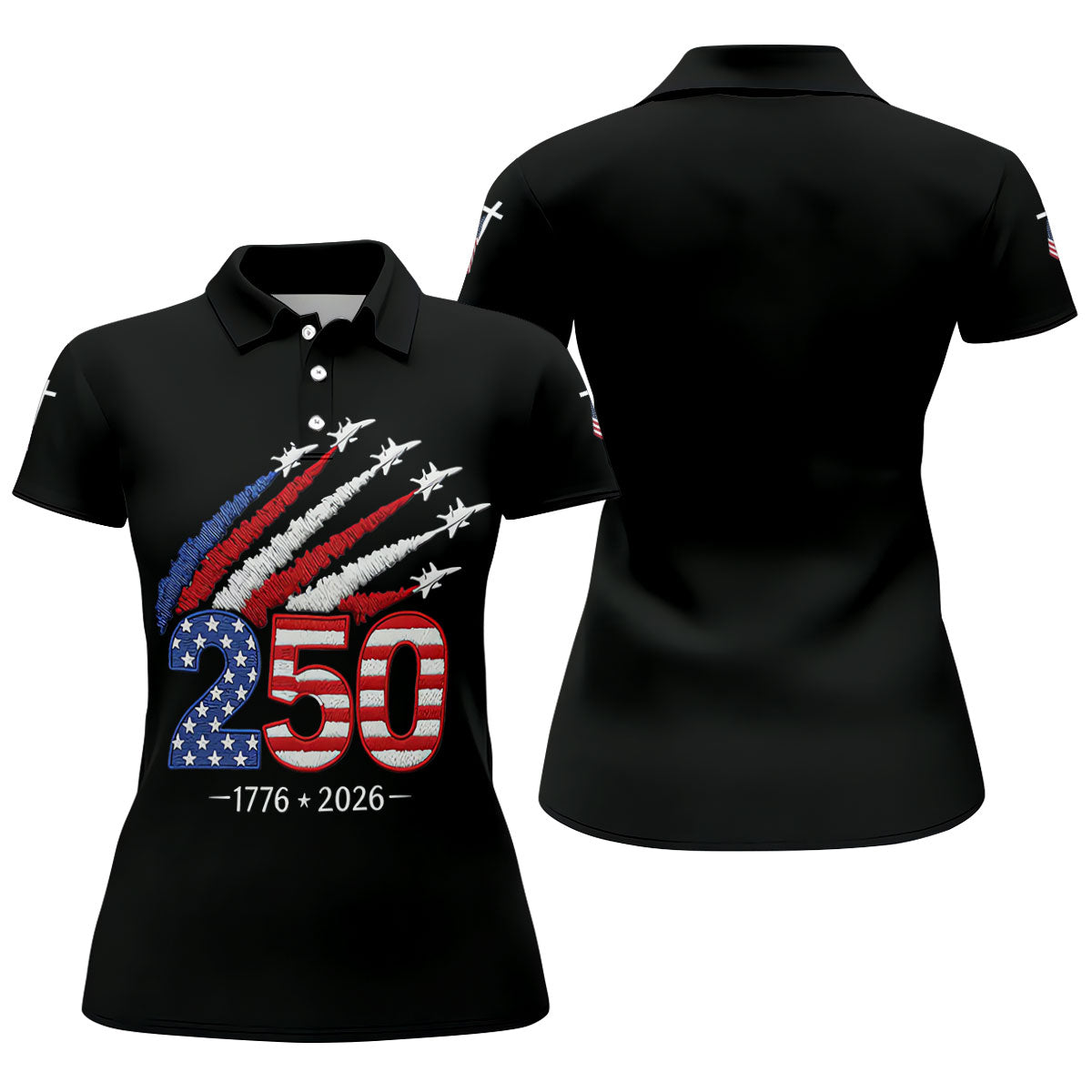 Flying Fighter Jets Faith Cross Patriotic 4th Of July Black Golf Shirt, 250 Years Golf Shirt For Women