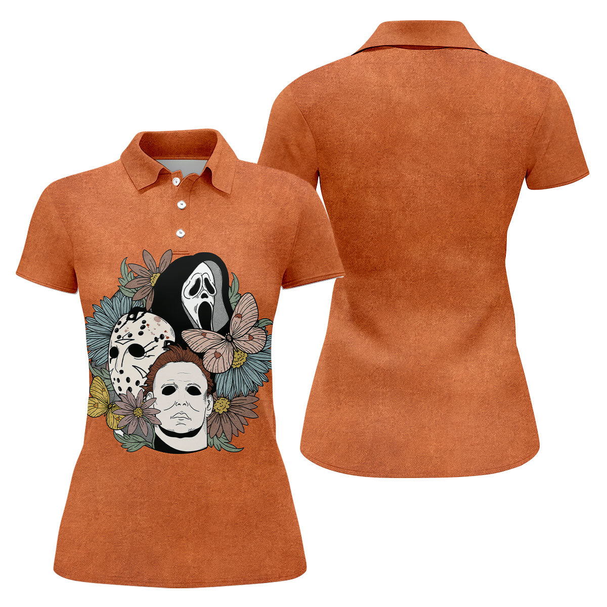 Floral Horror Mask Trio Halloween Golf Polo Shirt, Golf Tops For Women, Printed Golf Shirt