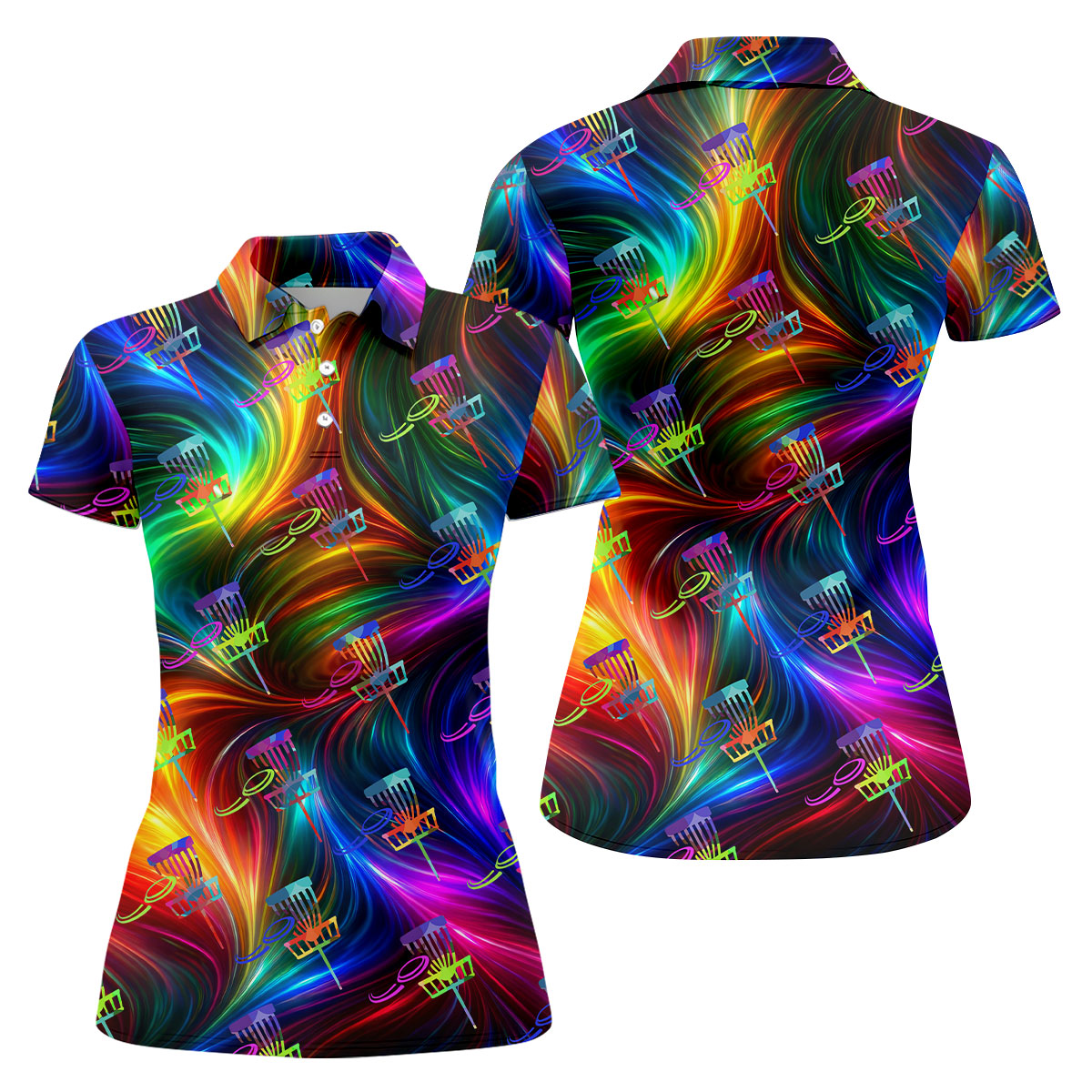 Colorful Disc Golf Basket Swirl Pattern Polo Shirt, Women’s Golf Tops, Hawaiian Golf Shirt, Performance Golf Shirt