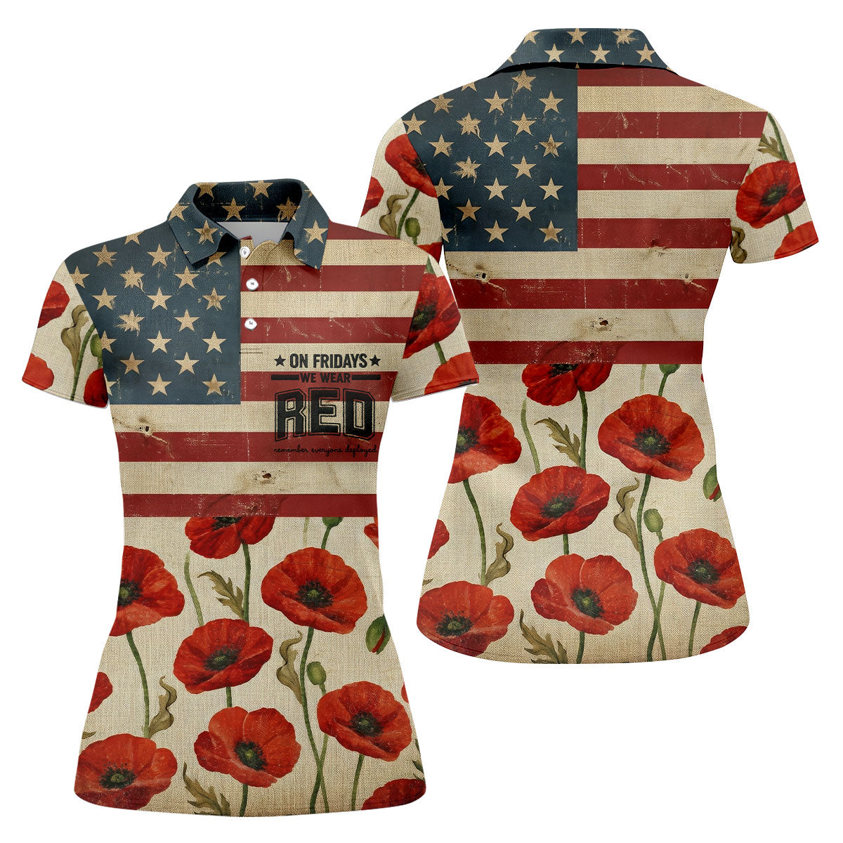 On Fridays We Wear RED Poppies US Flag Golf Shirts, 250 Years Patriotic Golf Shirt For Women