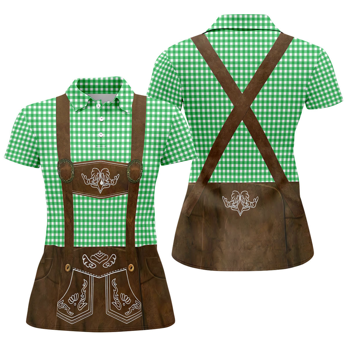 Women's Green Oktoberfest Lederhosen Illusion Sleeveless Golf Polo, Ladies Golf Top, Golf Polo For Women