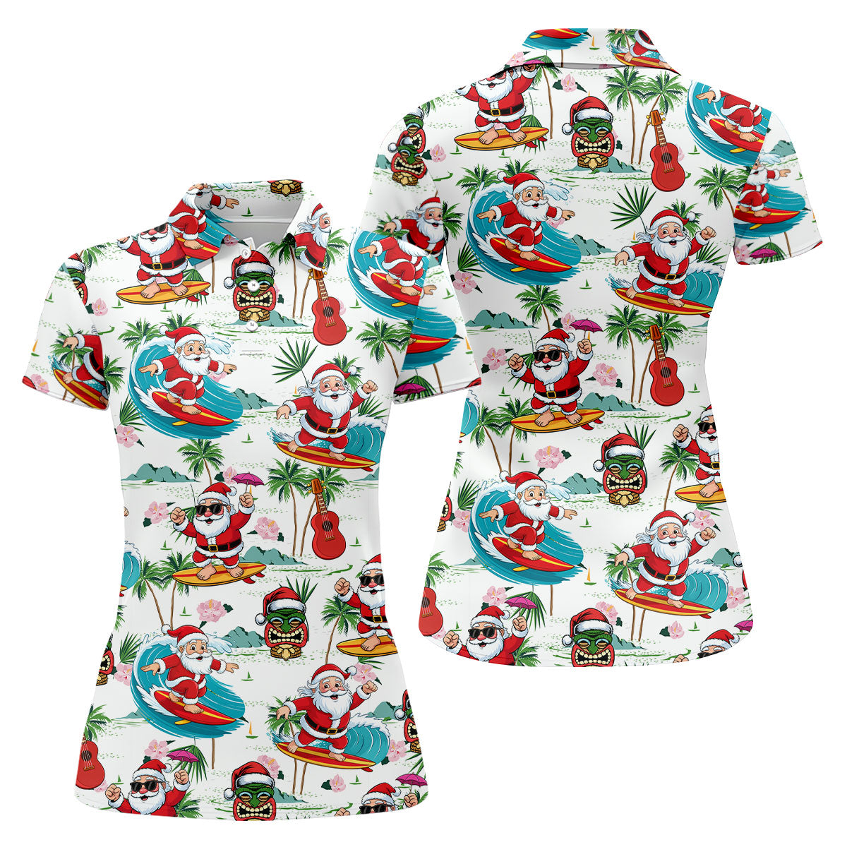 Tropical Christmas Surfing Santa Golf Polo Shirt, Women’s Golf Polo, Golf Tops For Women