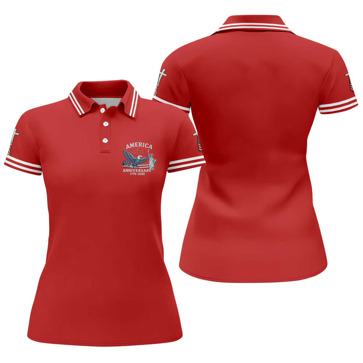 Faith Cross Bald Eagle America 250 Anniversary Red Patriotic Golf Shirt, Golf Shirt For Women