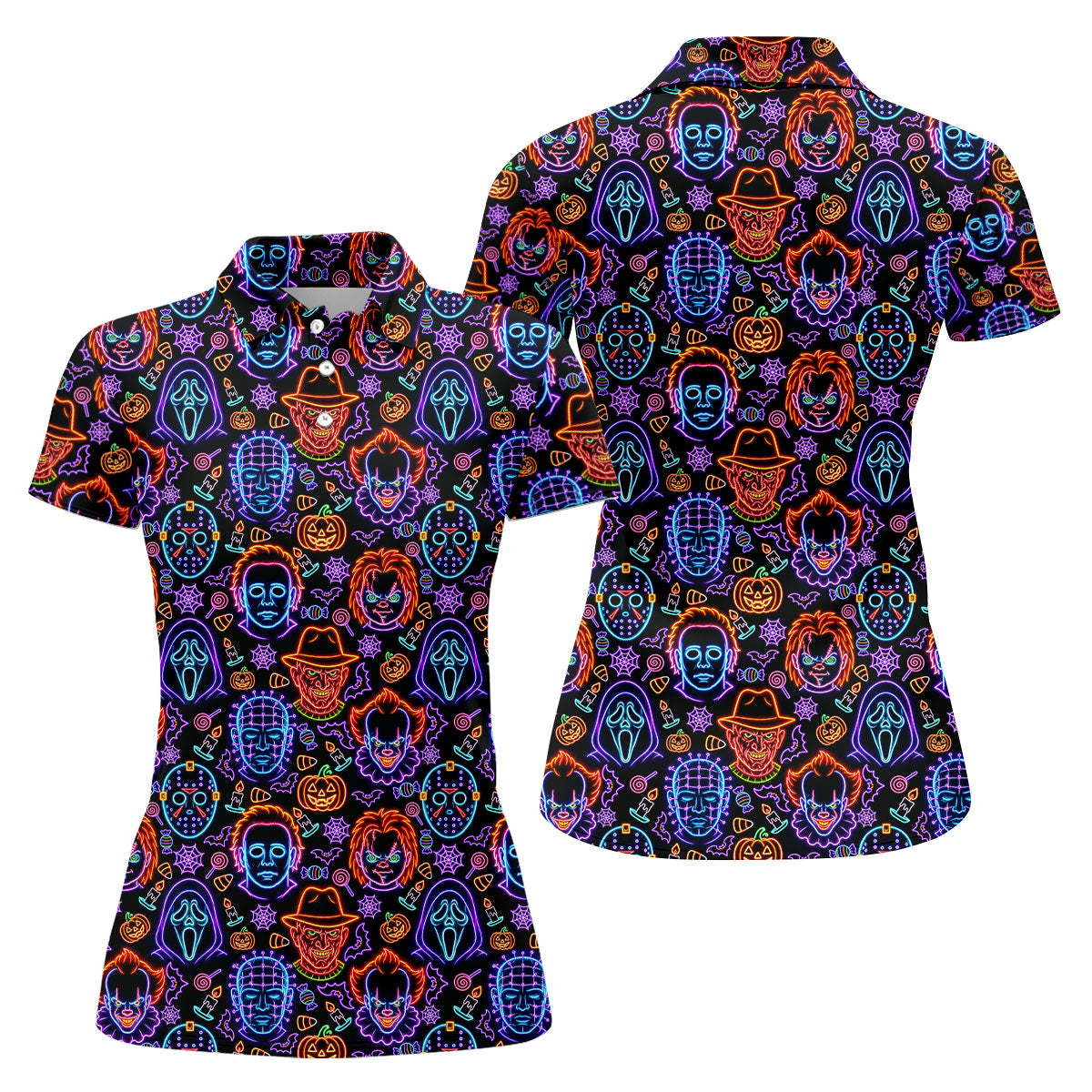 Neon Horror Character Movie Villain Pattern Golf Polo Shirt, Women's Golf Polo, Ladies Golf Shirts