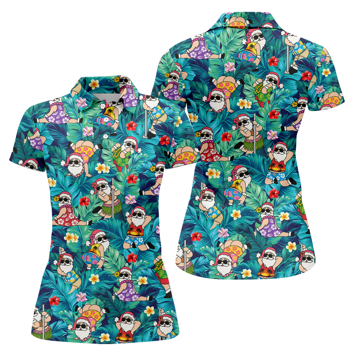 Funny Hula Santa Christmas Golf Shirt, Women's Golf Tops, Hawaiian Golf Shirt, Printed Golf Shirt