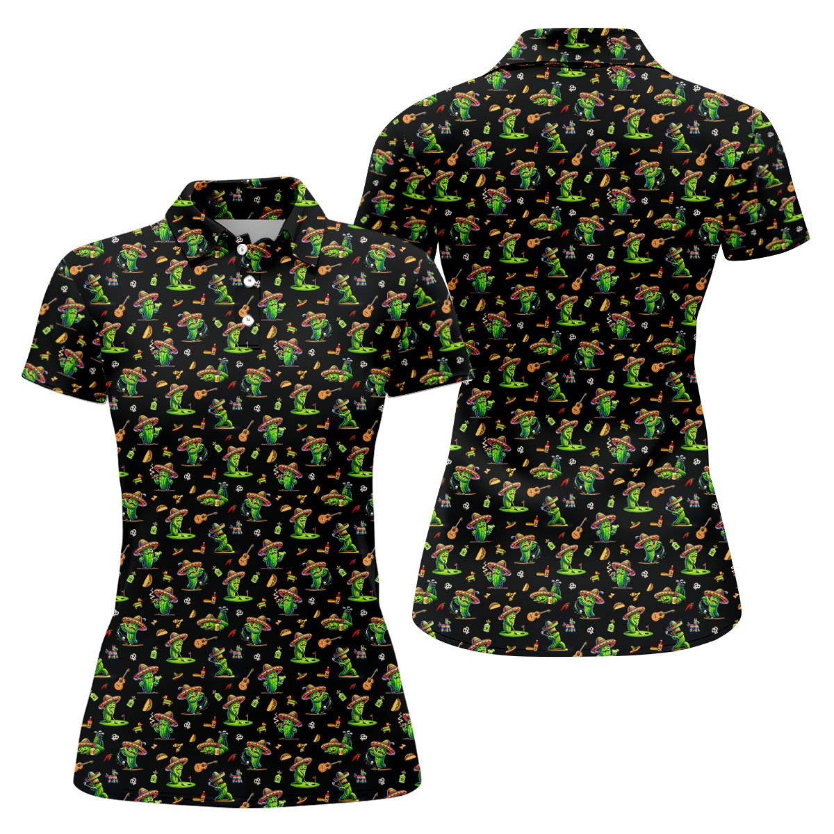 Cartoon Mustach Funny Cactus Cinco De Mayo Celebration Fiesta Themed Black Golf Shirt For Women