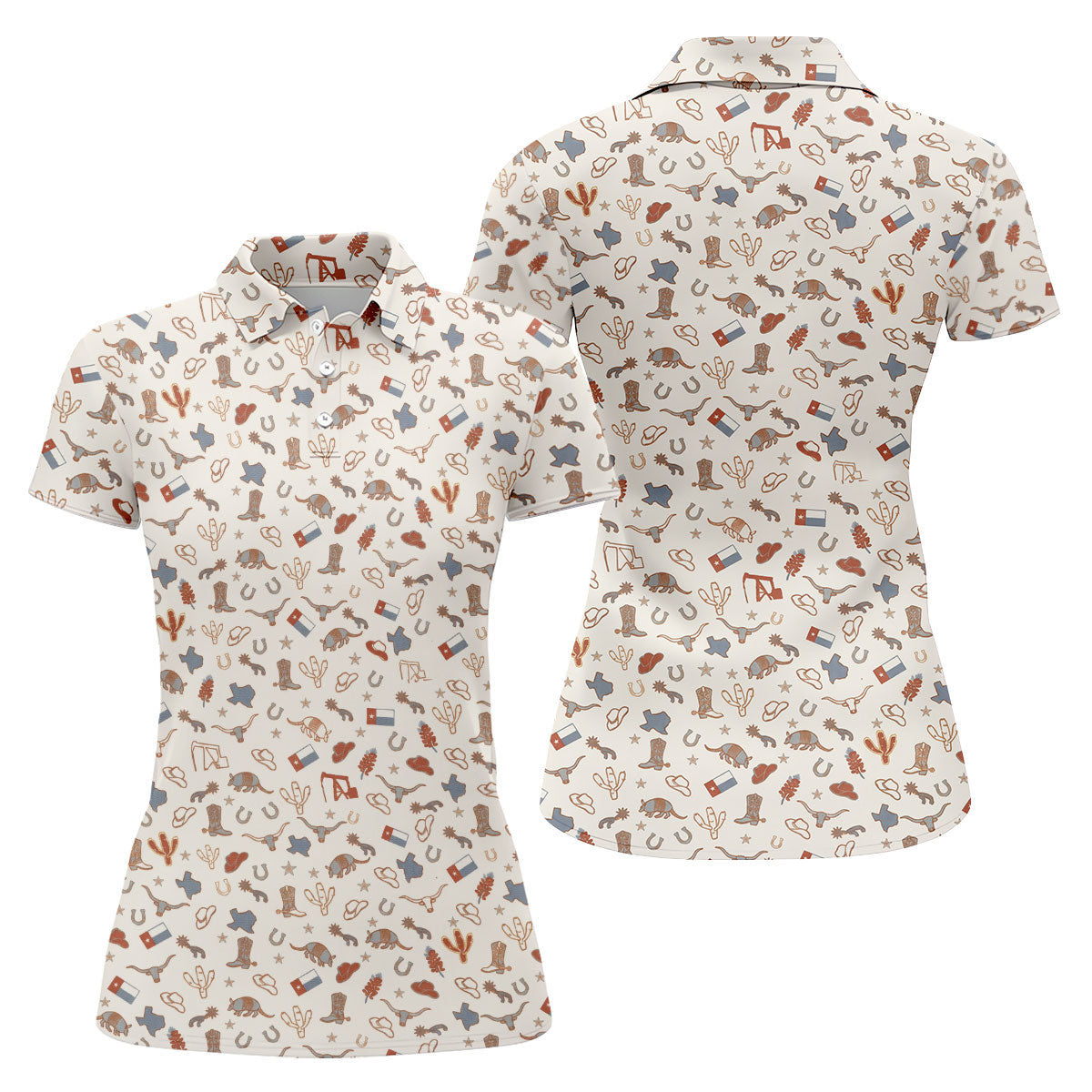 Beige Texas Cowboy Pattern Golf Polo Shirt, Golf Shirts For Women, Hawaiian Golf Shirt