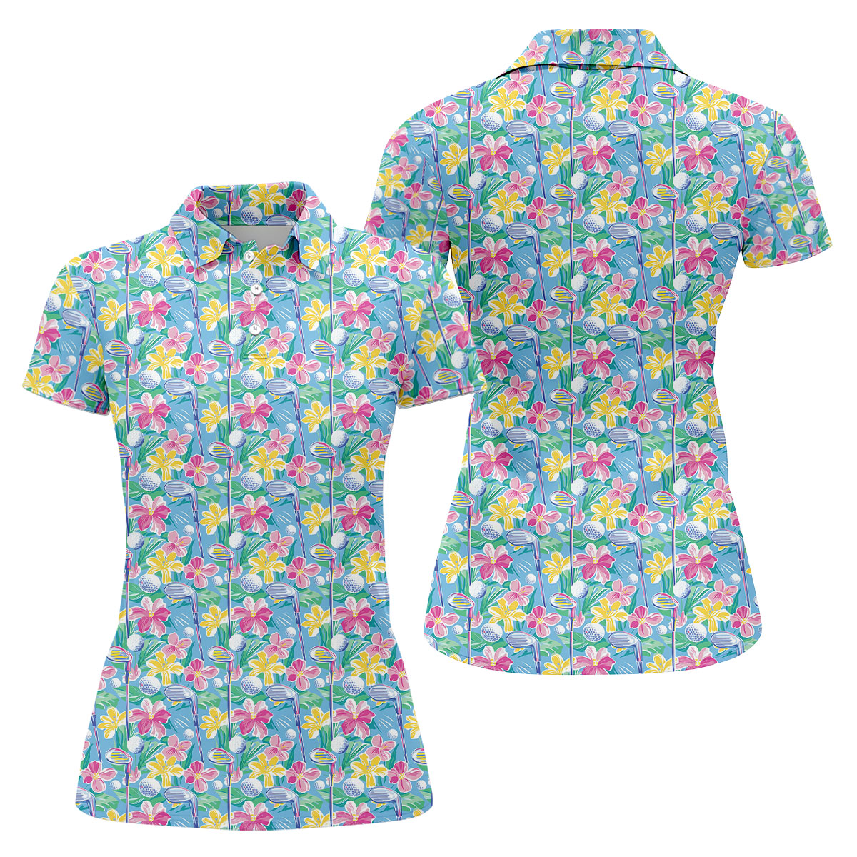 Tropical Floral Golf Clubs Hawaiian Golf Polo Shirt, Women's Golf Polo, Golf Tops For Women