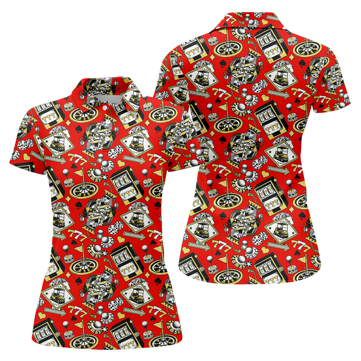 Casino Golf Pattern Red Hawaiian Golf Polo Shirt, Ladies Golf Shirt, Women's Golf Apparel