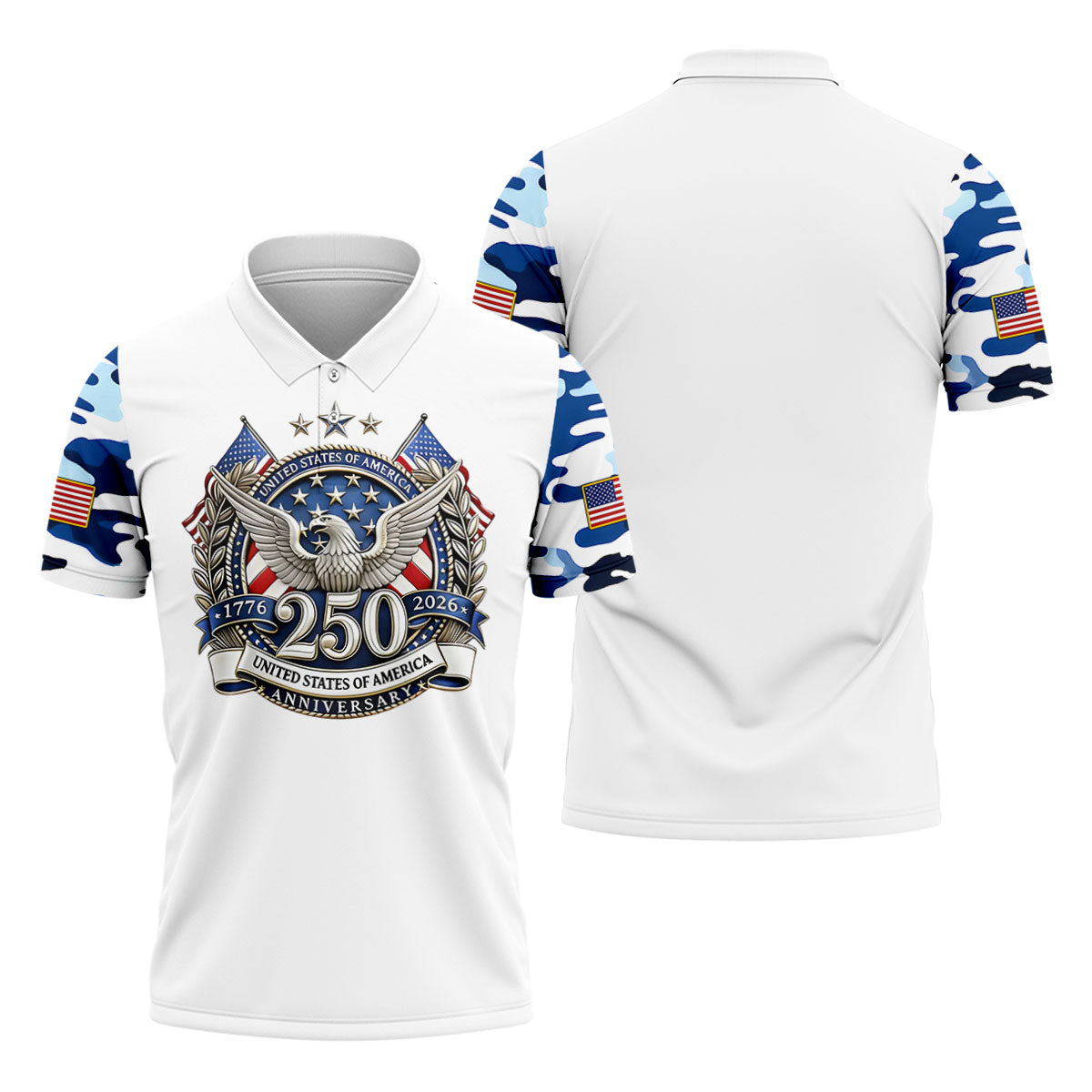 Patriotic Bald Eagle Blue And White Camo White Golf Shirt, 250th Anniversary Golf Shirts For Men