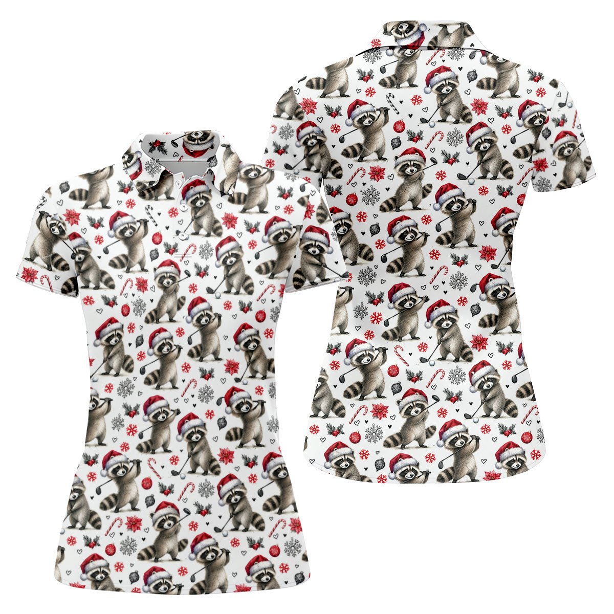 Christmas Raccoon Golfer Santa Hat Golf Polo Shirt, Ladies Golf Shirts, Golf Polo For Women
