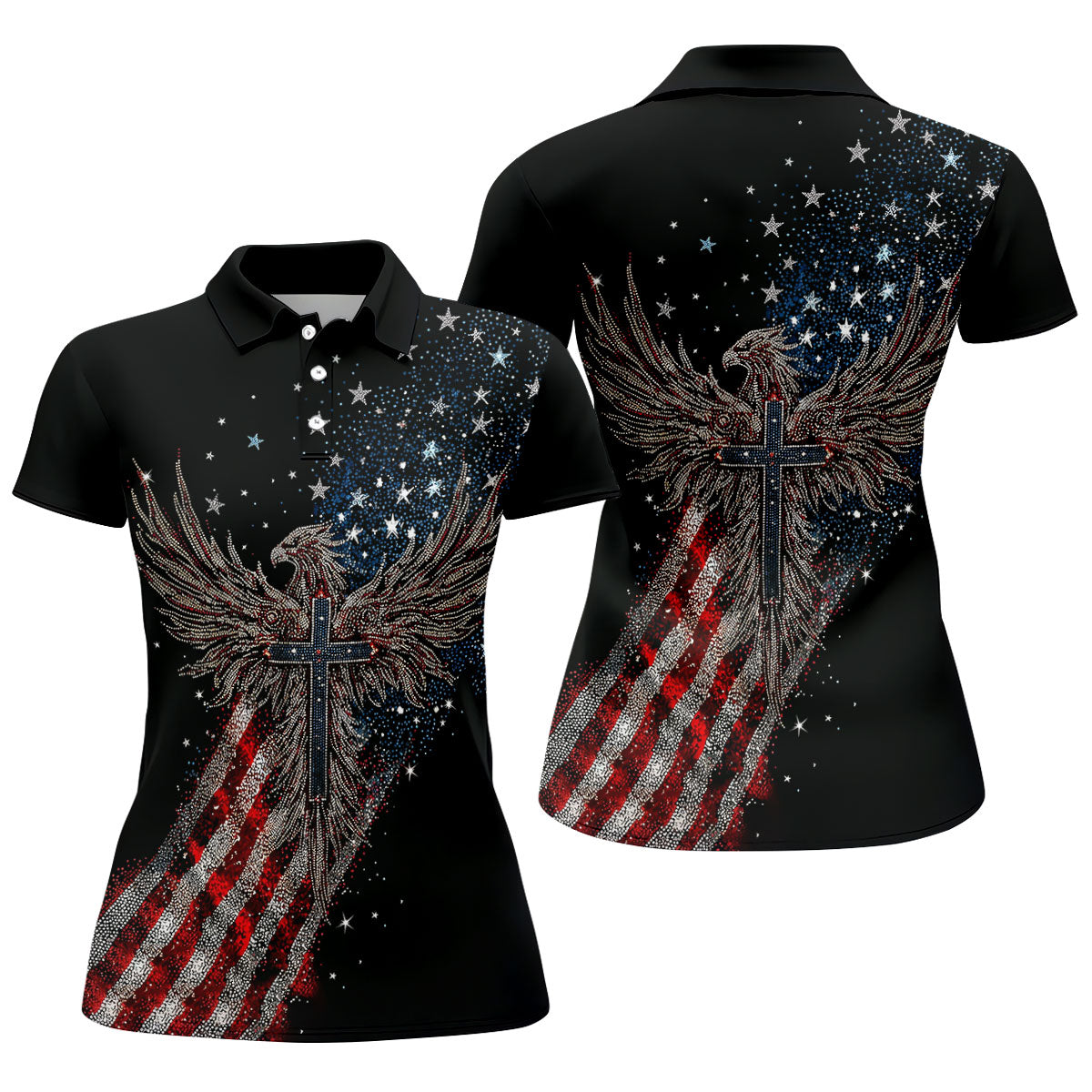 Faith Cross Patriotic Eagle Rhinestones Pattern 4th Of July Golf Shirt, 250 Years Golf Shirt For Women