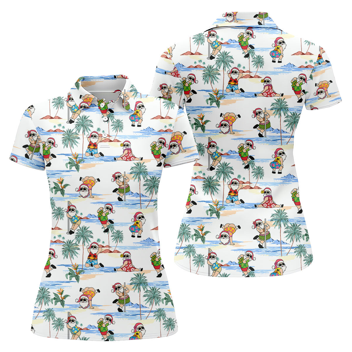 Beach Party Santa Christmas Golf Shirt, Women's Golf Tops, Printed Golf Shirt, Golf Polo For Women