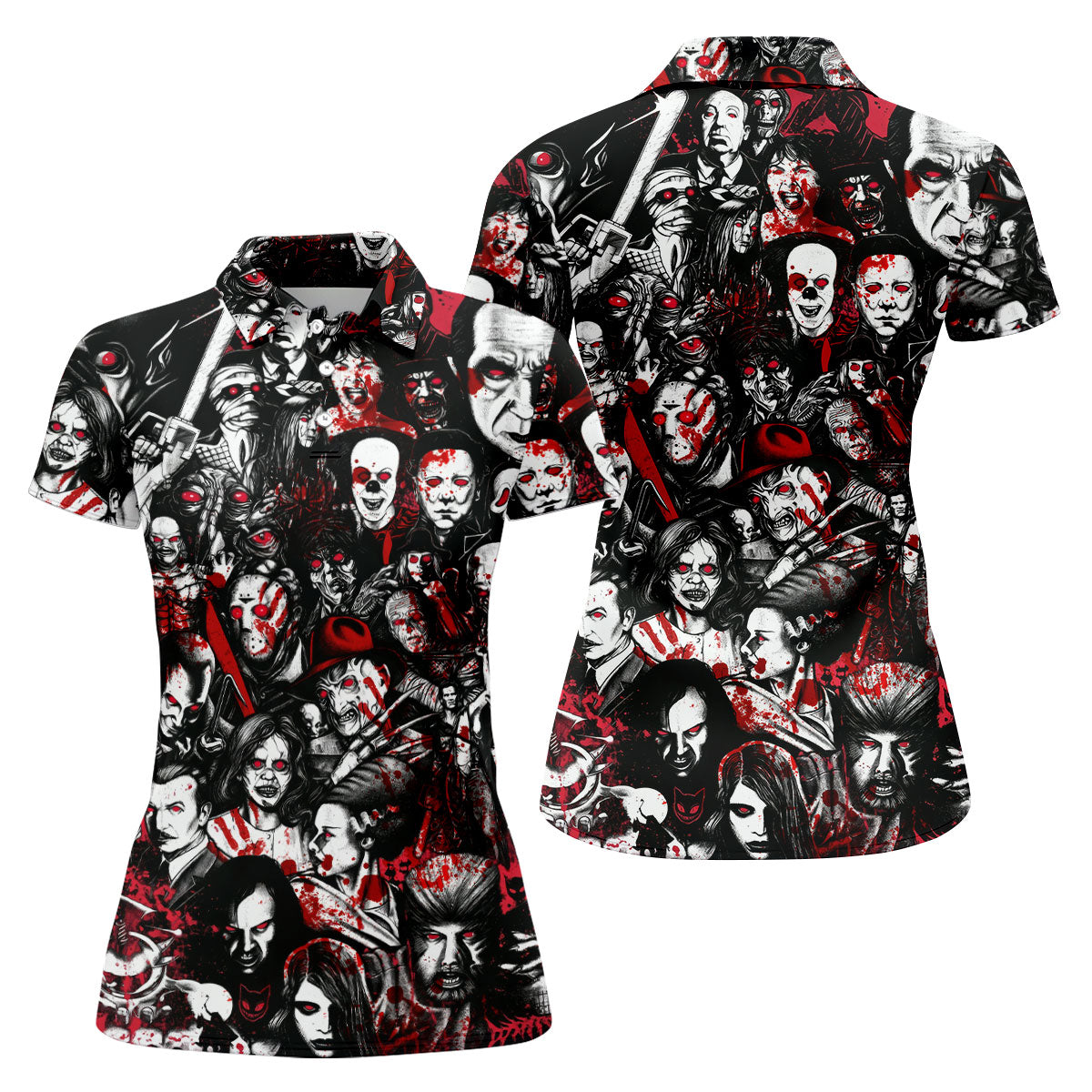 Horror Character Pattern Golf Polo Shirt, Women's Golf Apparel, Halloween Tops For Women