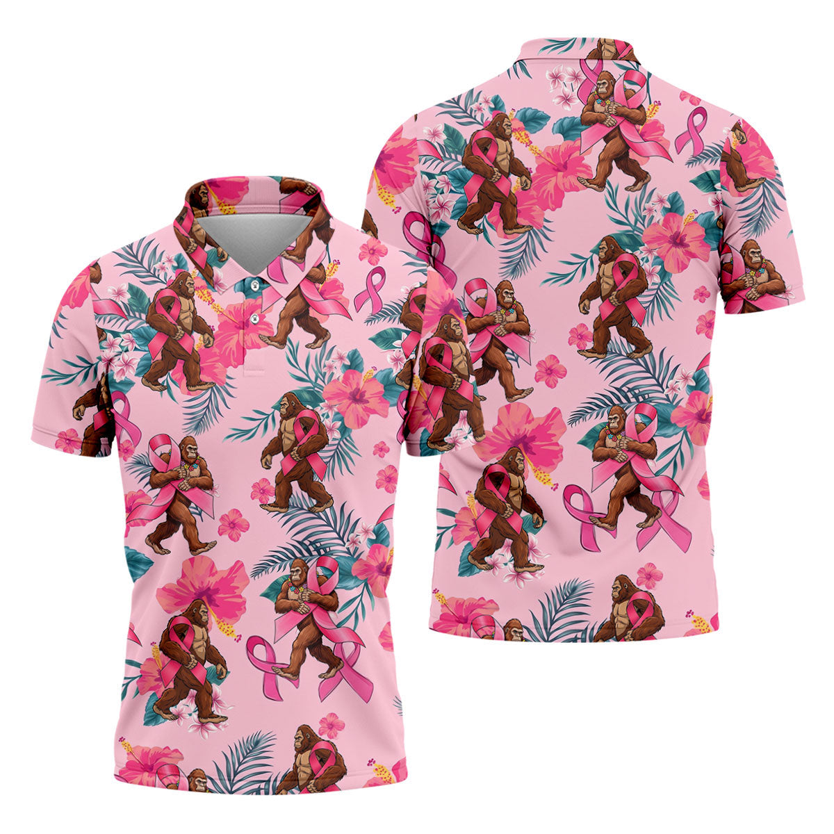 Bigfoot Pink Ribbon Floral Breast Cancer Polo Shirt, Mens Golf Polo, Mens Golf Shirts