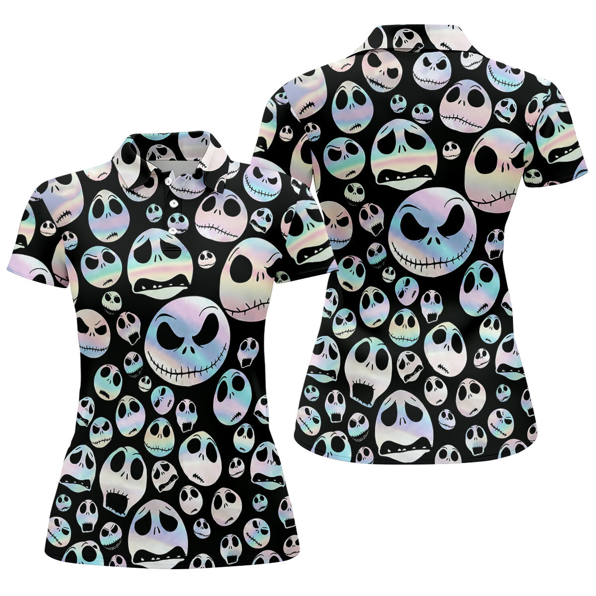 Black Horror Character Skull Face Pattern Golf Polo Shirt, Ladies Golf Shirts, Womens Golf Tops