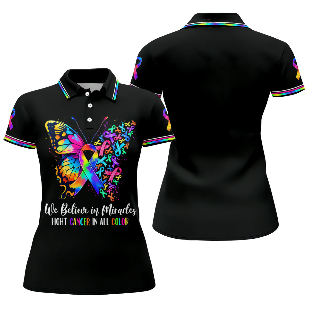 We Believe In Miracles Butterfly Cancer Polo Shirt, Women's Golf Tops, Printed Golf Shirt