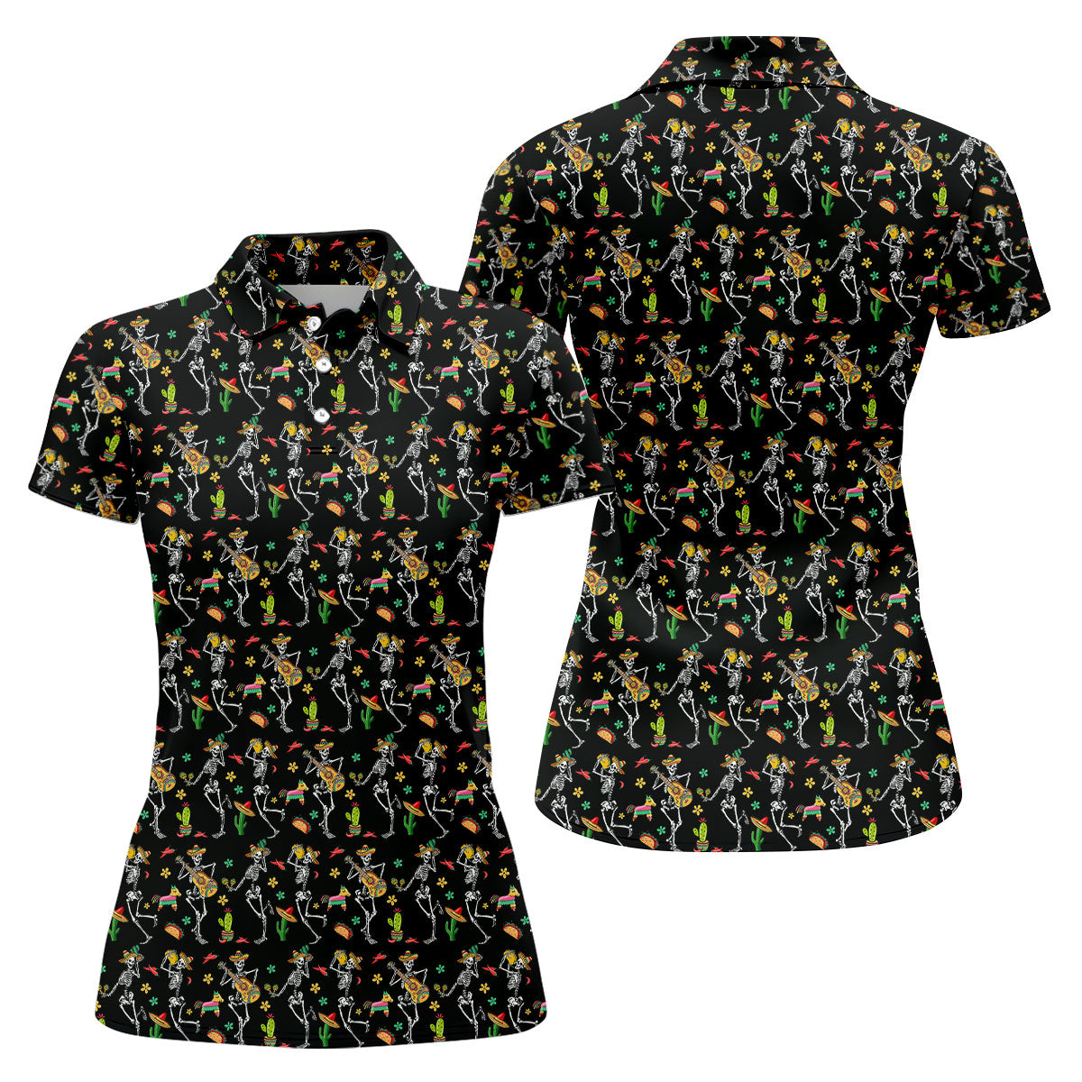 Dia De Muertos Skeletons Cinco De Mayo Celebration Fiesta Themed Black Golf Shirt For Women