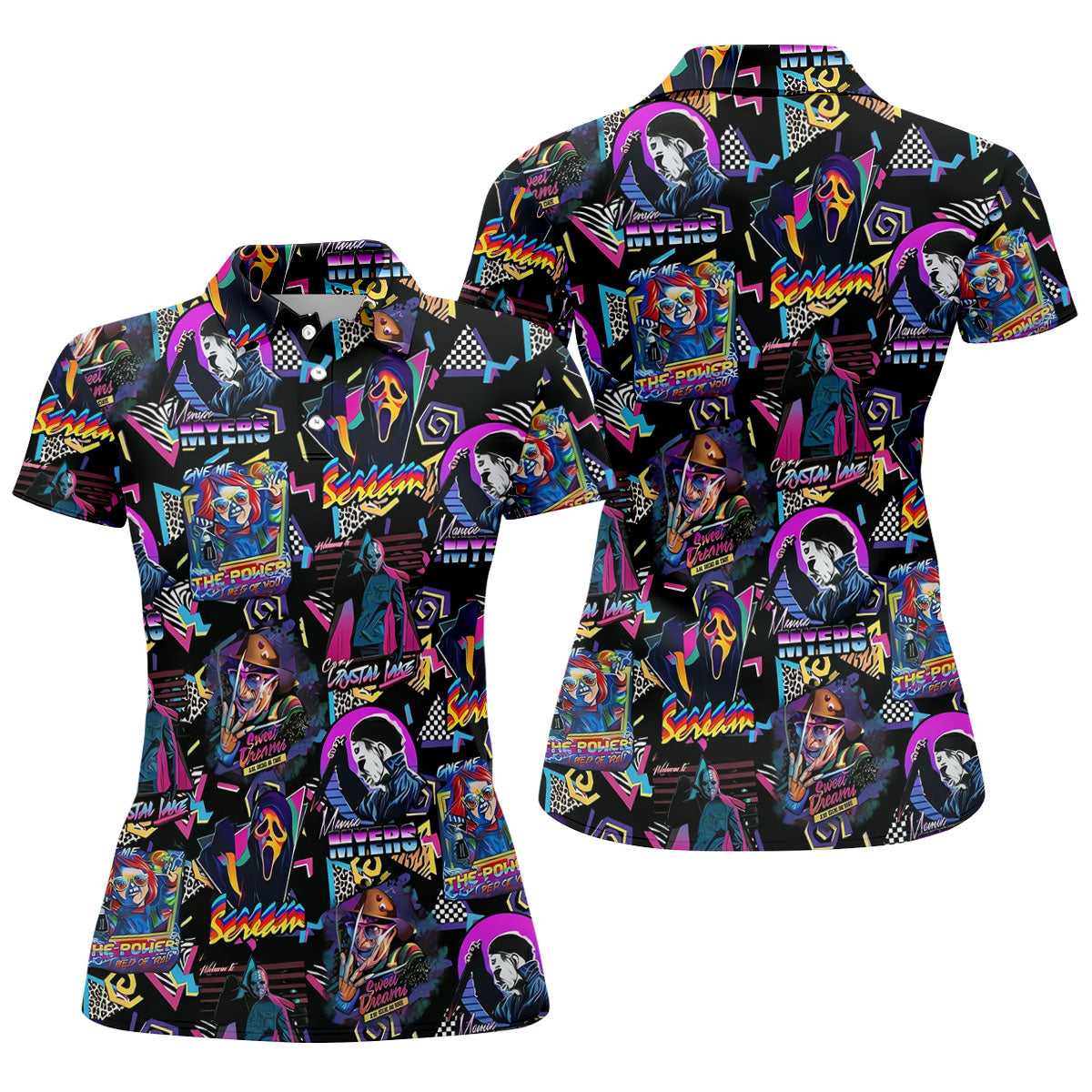 Retro Halloween Horror Character Hawaiian Golf Shirt, Women's Golf Tops, Golf Shirts For Women