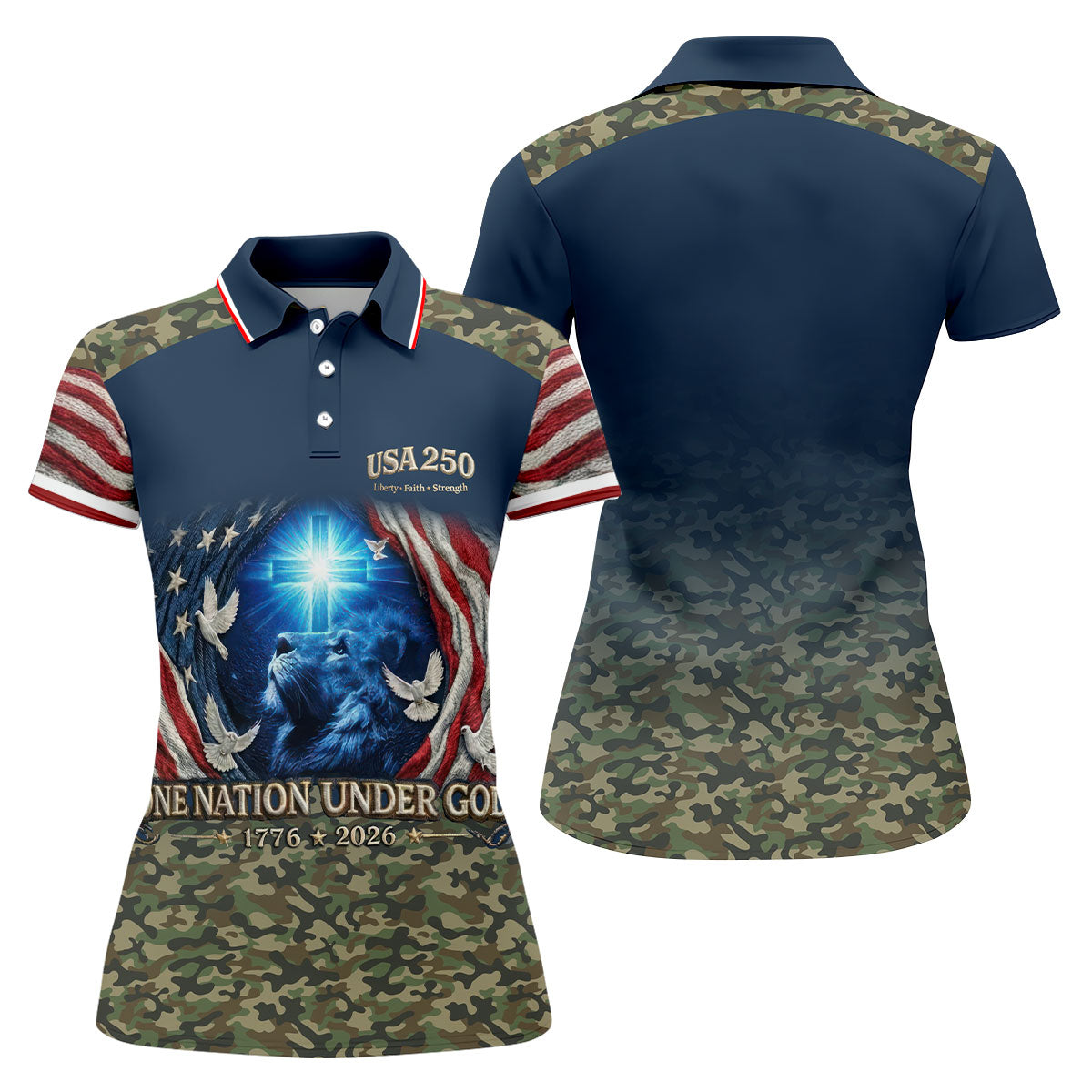 One Nation Under God Faith Cross USA 250 Navy Camo Golf Shirt, 4th Of July Golf Shirt For Women