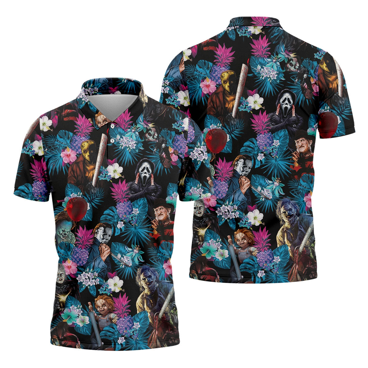 Tropical Horror Movie Villains Halloween Golf Polo Shirt, Hawaiian Golf Shirt, Mens Golf Apparel