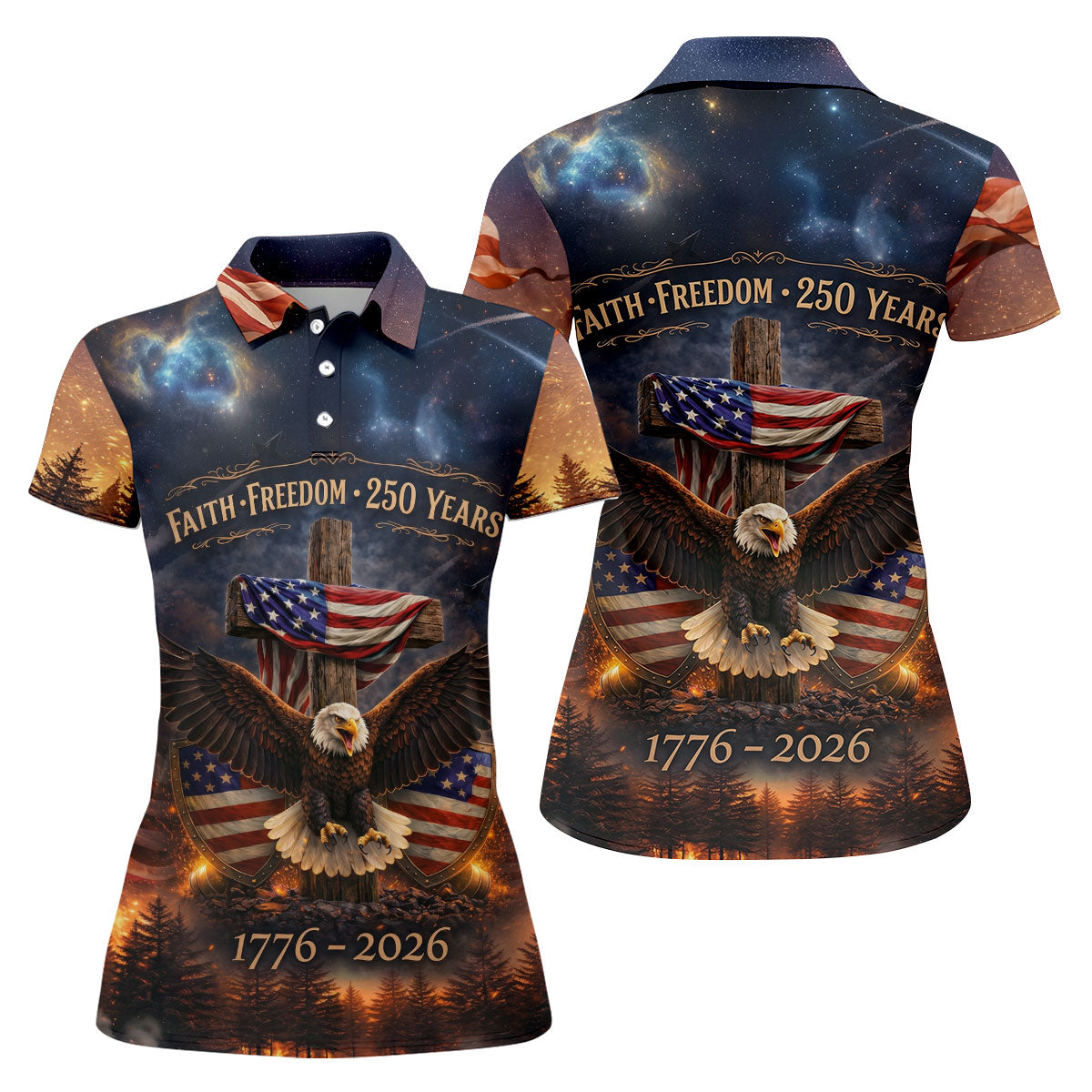 Faith Freedom 250 Years Galaxy Pattern US Flag Golf Shirt, Patriotic 4th Of July Golf Shirt For Women