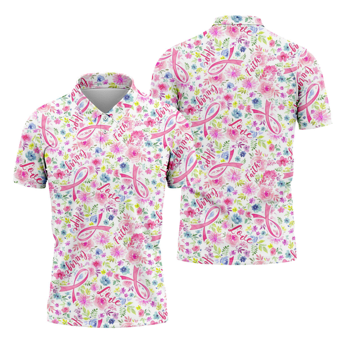 Faith Hope Love Floral Breast Cancer Polo Shirt, Golf Shirts For Men, Printed Golf Shirts