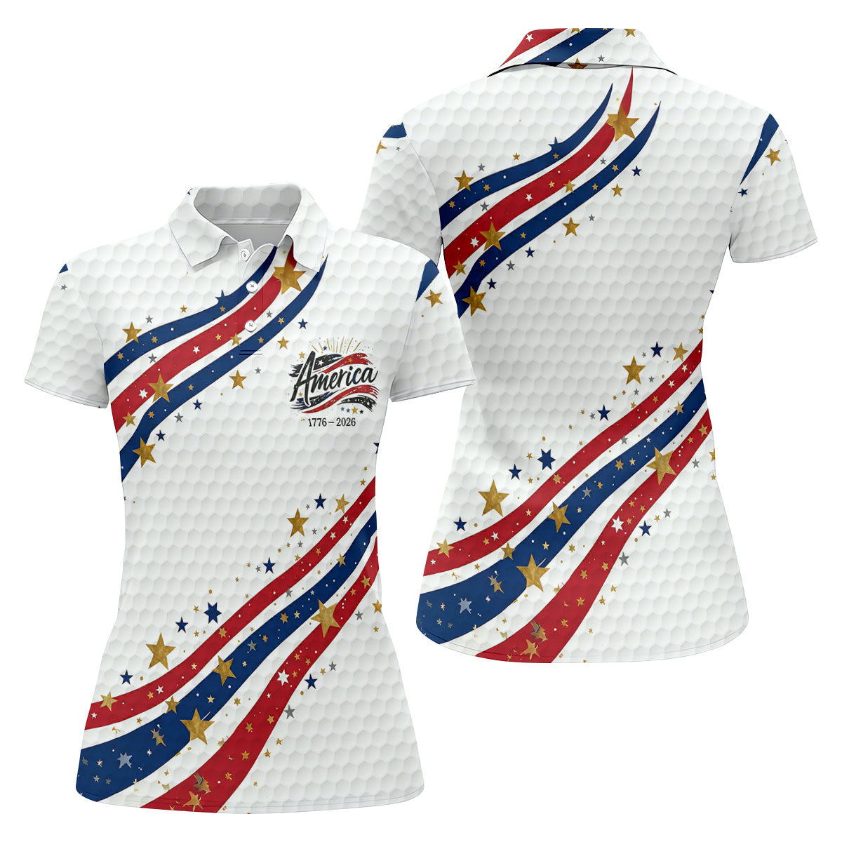 Red White Blue Wavy Stripes Golf Ball Pattern Patriotic Golf Shirt, 250th Anniversary Golf Shirt For Women