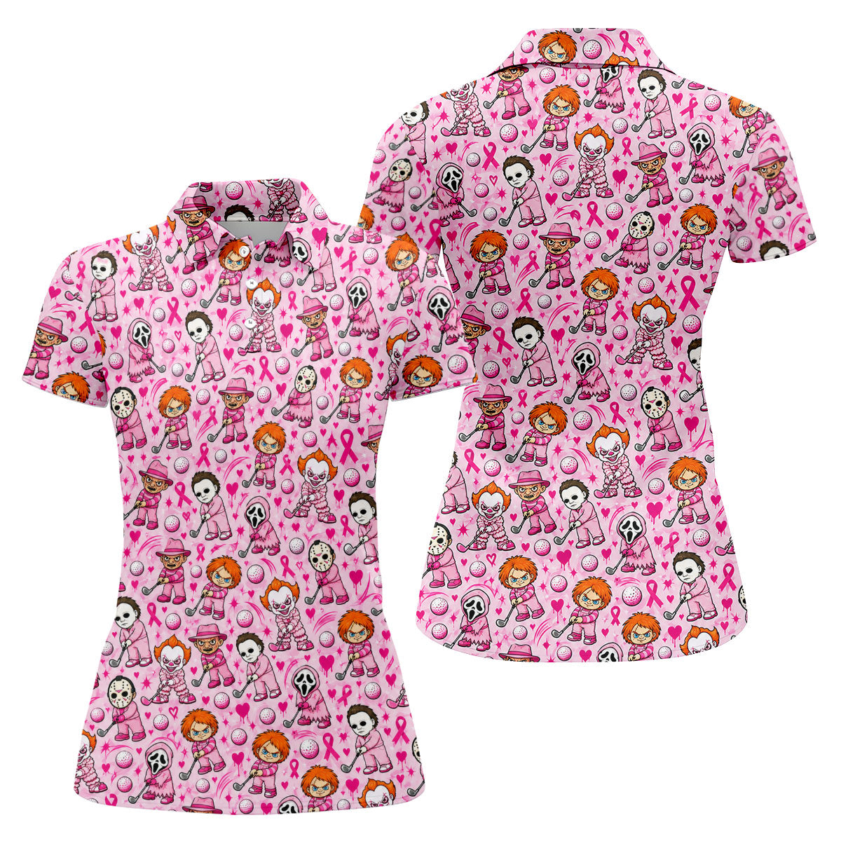 Halloween Horror Character Breast Cancer Polo Shirt, Women's Golf Polo, Ladies Golf Top