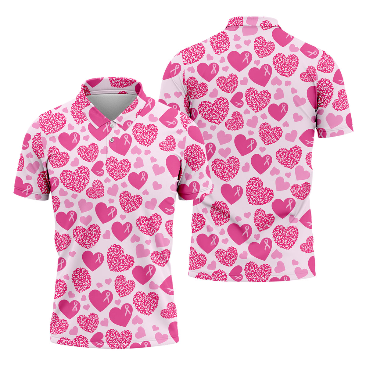 Pink Ribbon Heart Pattern Breast Cancer Polo Shirt, Golf Shirts For Men, Mens Golf Apparel