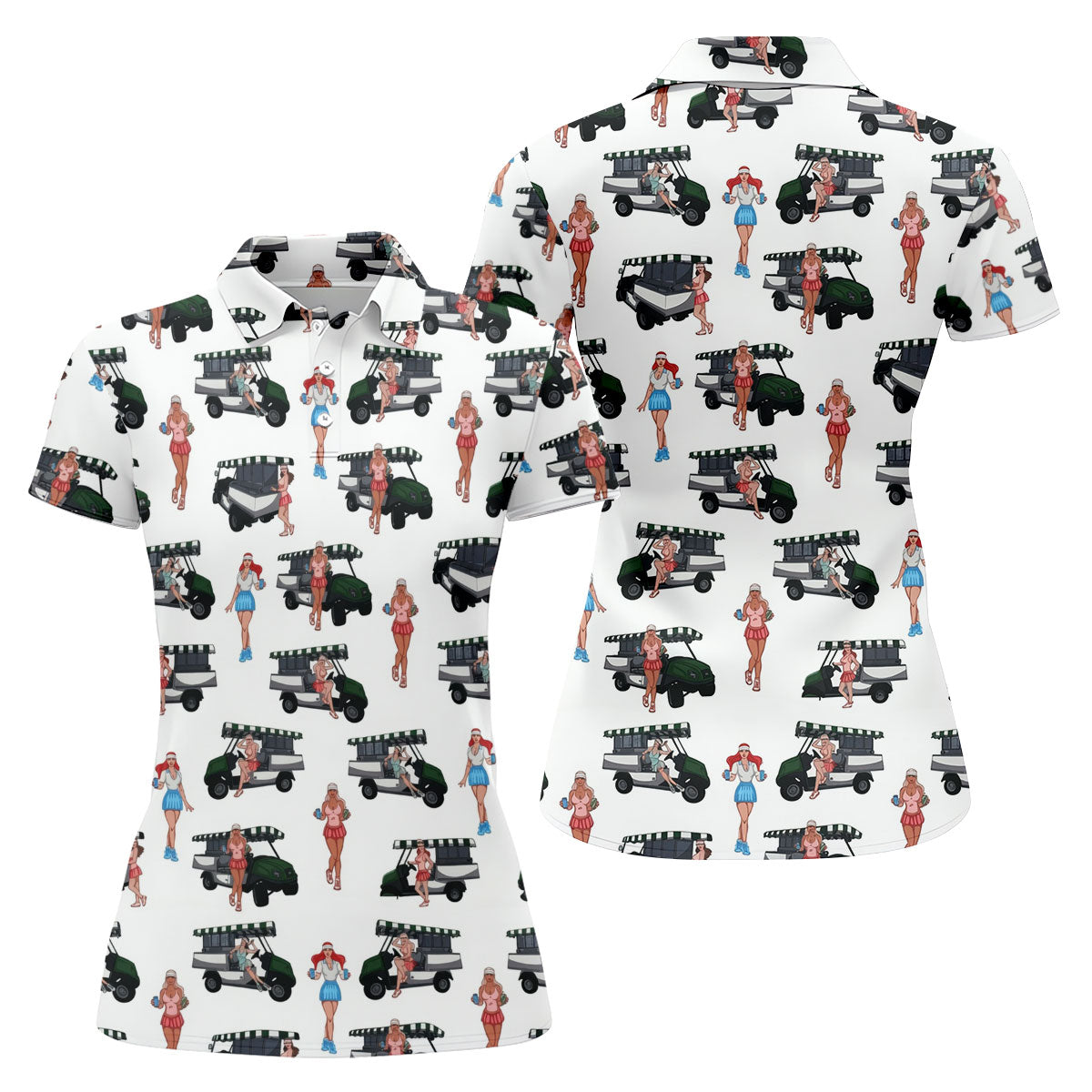 Golf Cart Girls Pattern Golf Polo Shirt, Ladies Golf Shirt, Women's Golf Apparel