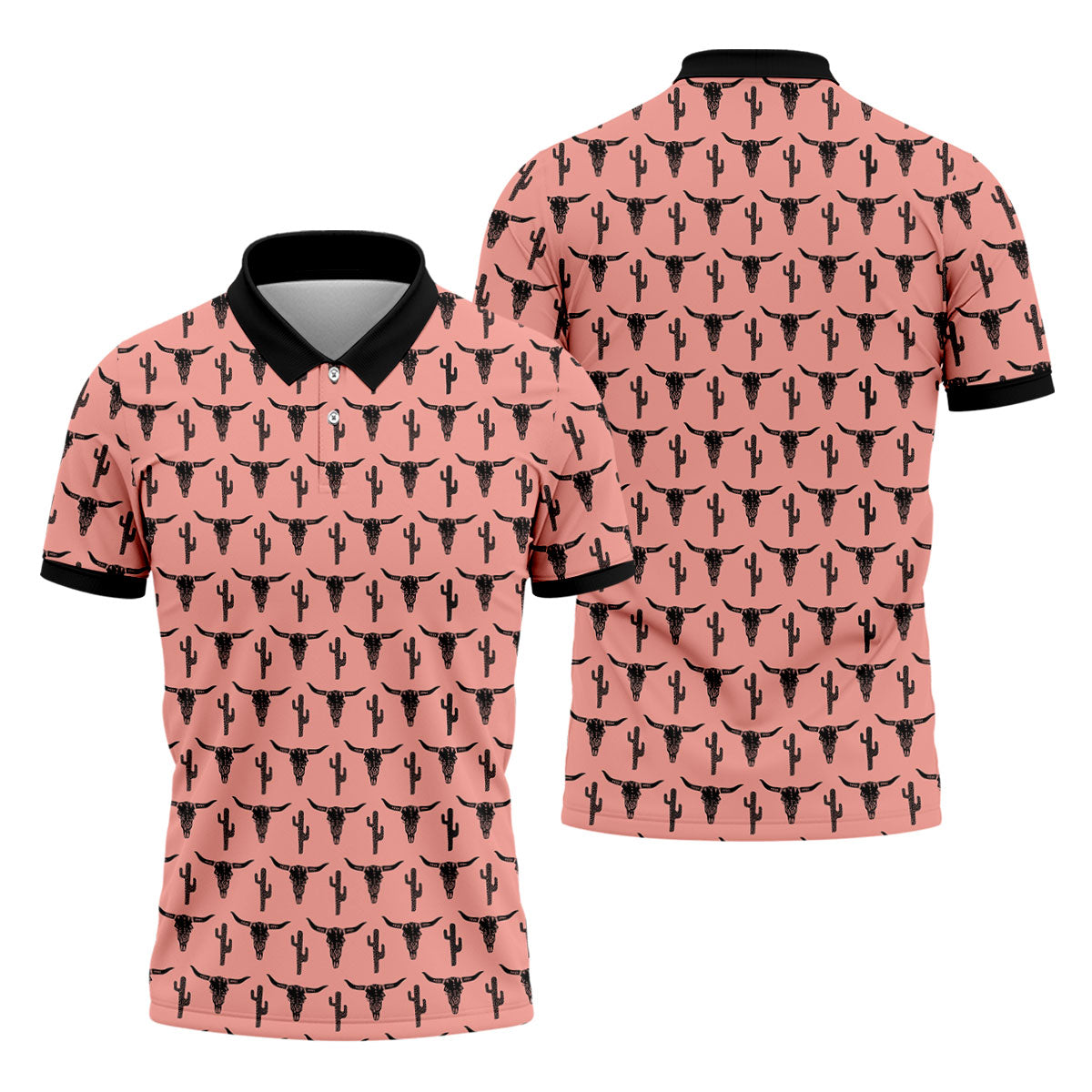 Longhorn Cow Skull Western Theme Peach Pink Golf Tops For Men, Polo Shirts For Men, Golf Shirts For Men