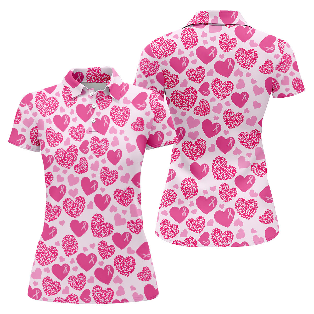Pink Ribbon Heart Pattern Breast Cancer Polo Shirt, Women’s Golf Polo, Ladies Golf Shirts