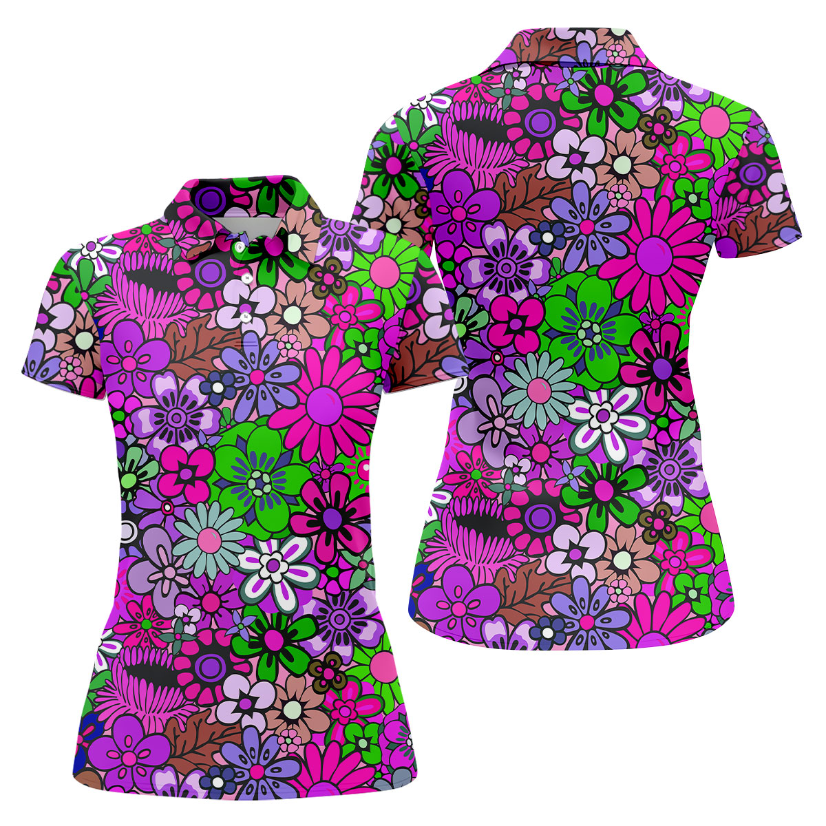 Pink Purple Retro Flower Power Golf Shirt, Women’s Golf Apparel, Hawaiian Golf Shirt, Golf Polo For Women
