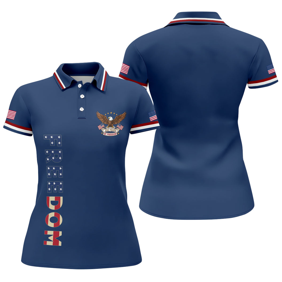 250 Years Of Freedom US Flag Logo Navy Golf Shirt, Patriotic 4th Of July Golf Shirt For Women