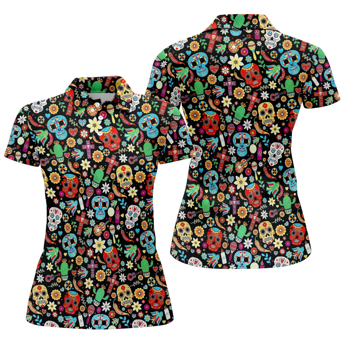 Skull With Flowers Cinco De Mayo Celebration Fiesta Themed Ladies Golf Tops, Golf Shirt For Women
