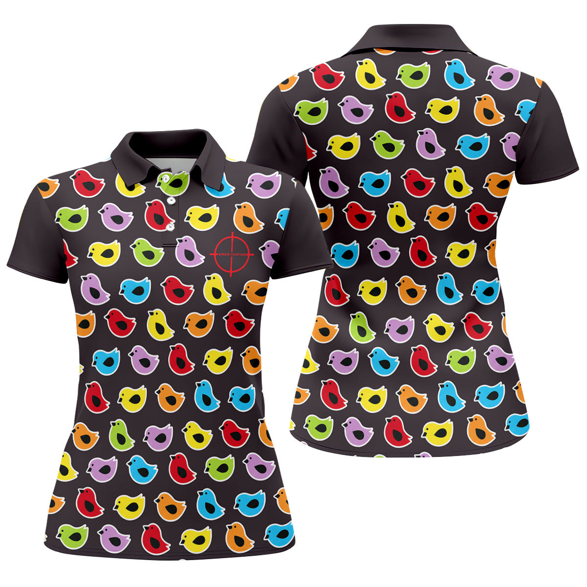 Black Colorful Birdie Hunting Golf Polo Shirt, Women's Golf Polo, Ladies Golf Top