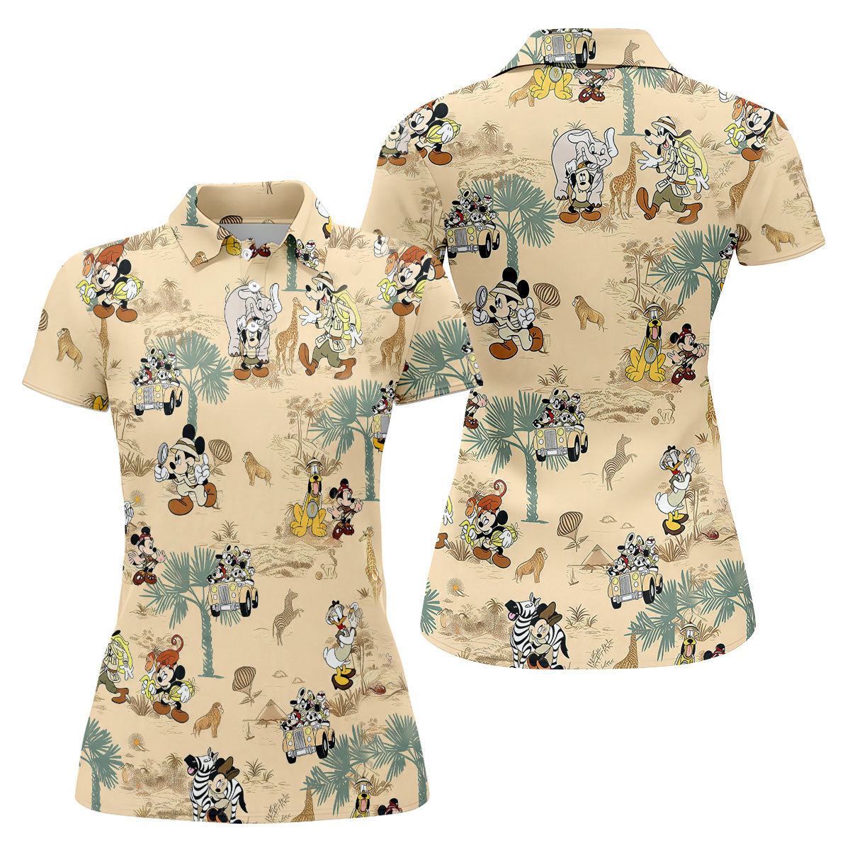 Safari Adventure Cartoon Pattern Golf Polo Shirt, Golf Shirts For Women, Women’s Golf Polo