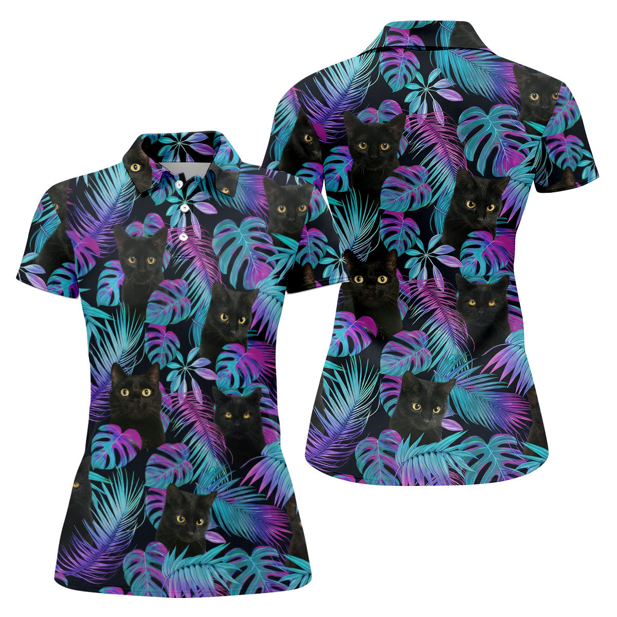 Funny Black Cat Purple Blue Gradient Hawaiian Golf Shirt, Golf Shirt For Women